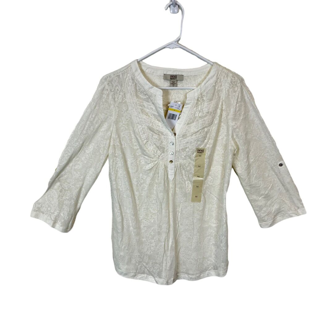 Lace Popover Romantic 3/4 Sleeve Top Vintage America Women's Sheer Cream Size M